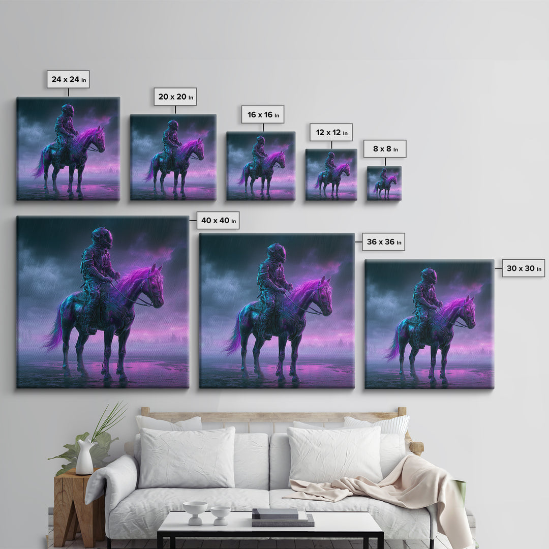 Space Explorer Horse Rider on Distant Planet Framed Canvas Print, Scifi Art, Wall Art, Living Room Decor, Oil Painting, Orbit, SCI-1x1-93