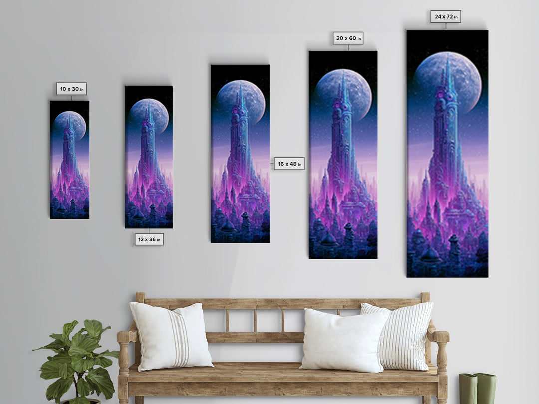 Futuristic City on a Moonlit World Framed Canvas Print, Scifi Art, Ai Art, Living Room Decor, Abstract Art, Orbit, SCI-1x3-15