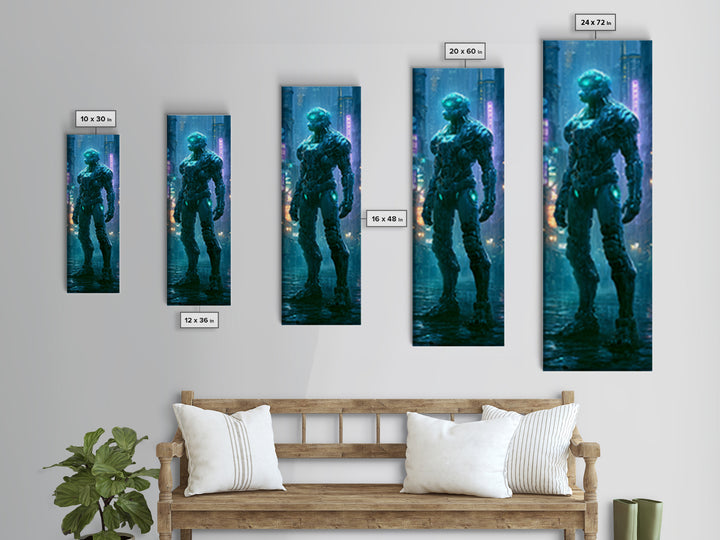 Mech Silhouette in Rainy Neon City Canvas Print, Scifi Art, Weird Art, Living Room Decor, Abstract Art, Orbit, Art Print, SCI-1x3-51