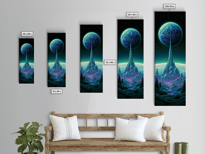 Moon Colony Beneath Earth Rise Framed Canvas Print, Scifi Art, Retro Futurism Art, Living Room Decor, Oil Painting, Orbit, SCI-1x3-54