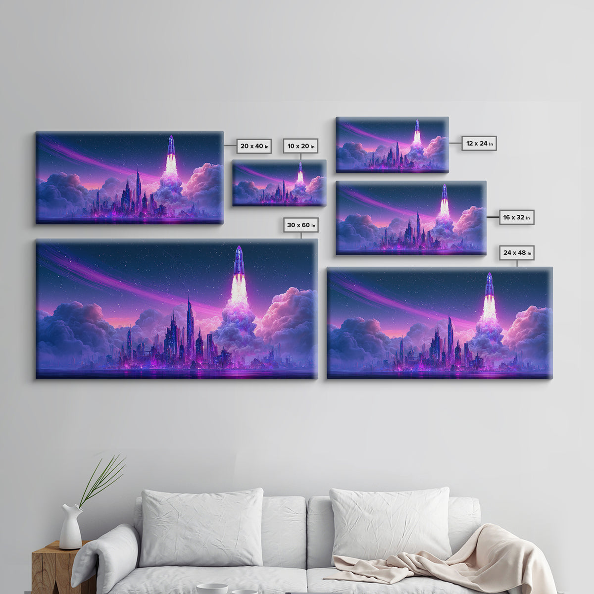 Retro Rocket Launching Through Cloud Rings Framed Canvas Print, Scifi Art, Boho Decor, Living Room Decor, Oil Painting, Orbit, SCI-2x1-27