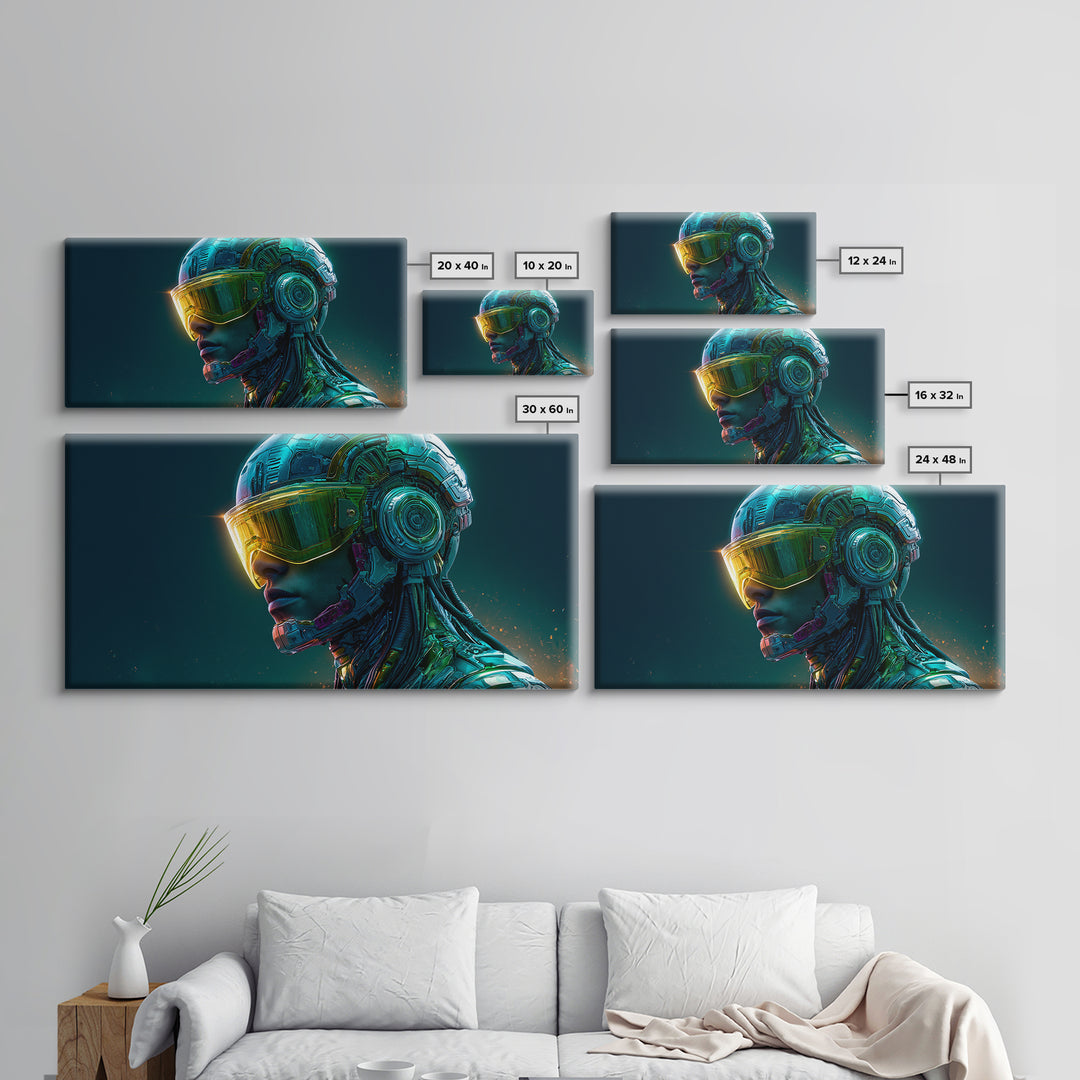Cyborg Portrait with Reflective Visor Framed Canvas Print, Scifi Art, Original Art, Living Room Decor, Fine Art, Orbit, SCI-2x1-29
