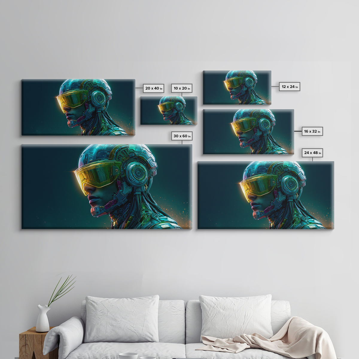 Cyborg Portrait with Reflective Visor Framed Canvas Print, Scifi Art, Original Art, Living Room Decor, Fine Art, Orbit, SCI-2x1-29