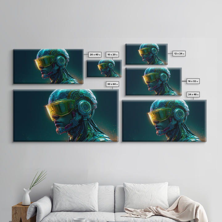 Cyborg Portrait with Reflective Visor Framed Canvas Print, Scifi Art, Original Art, Living Room Decor, Fine Art, Orbit, SCI-2x1-29