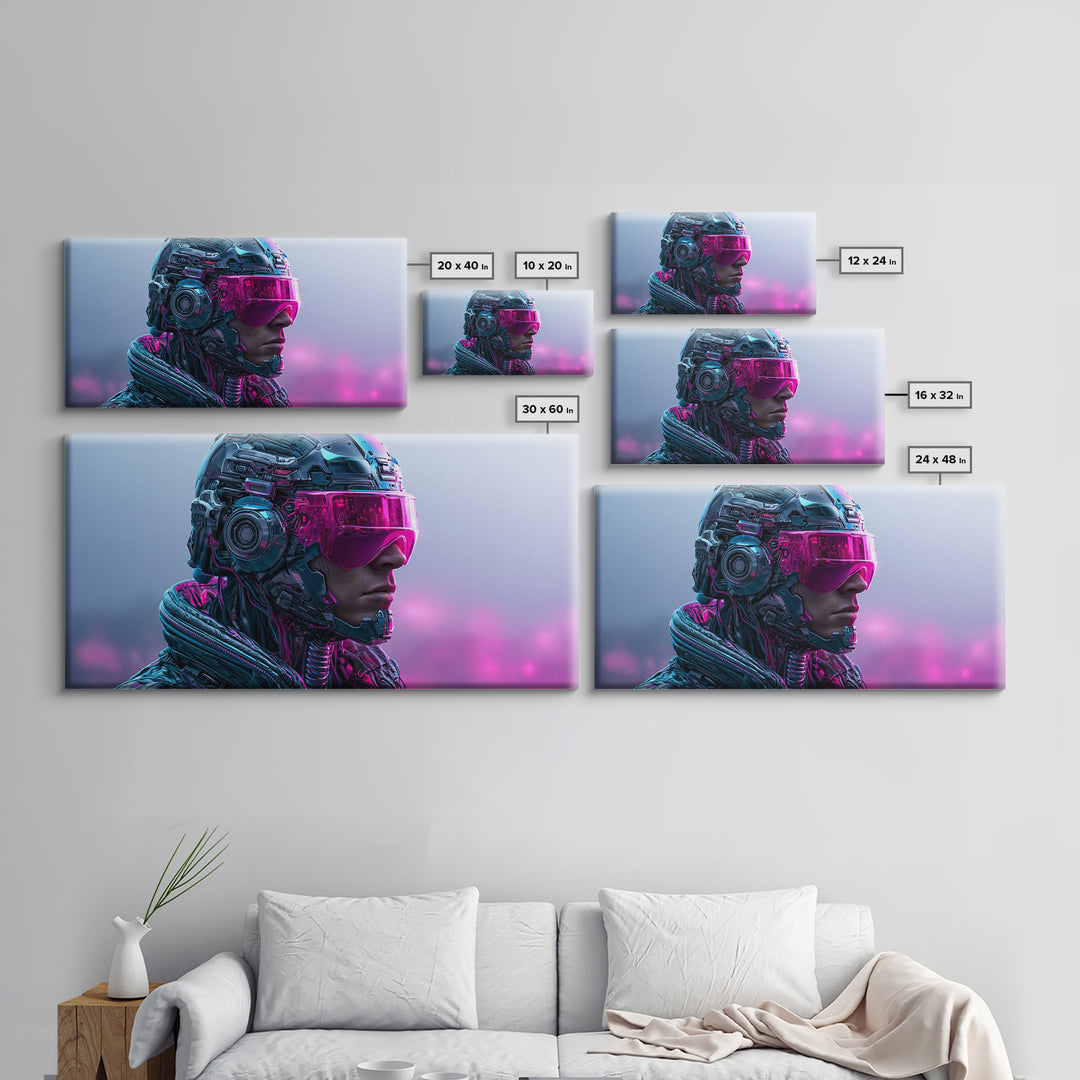 Cyborg Portrait with Reflective Visor Framed Canvas Print, Scifi Art, Original Art, Living Room Decor, Fine Art, Orbit, SCI-2x1-5