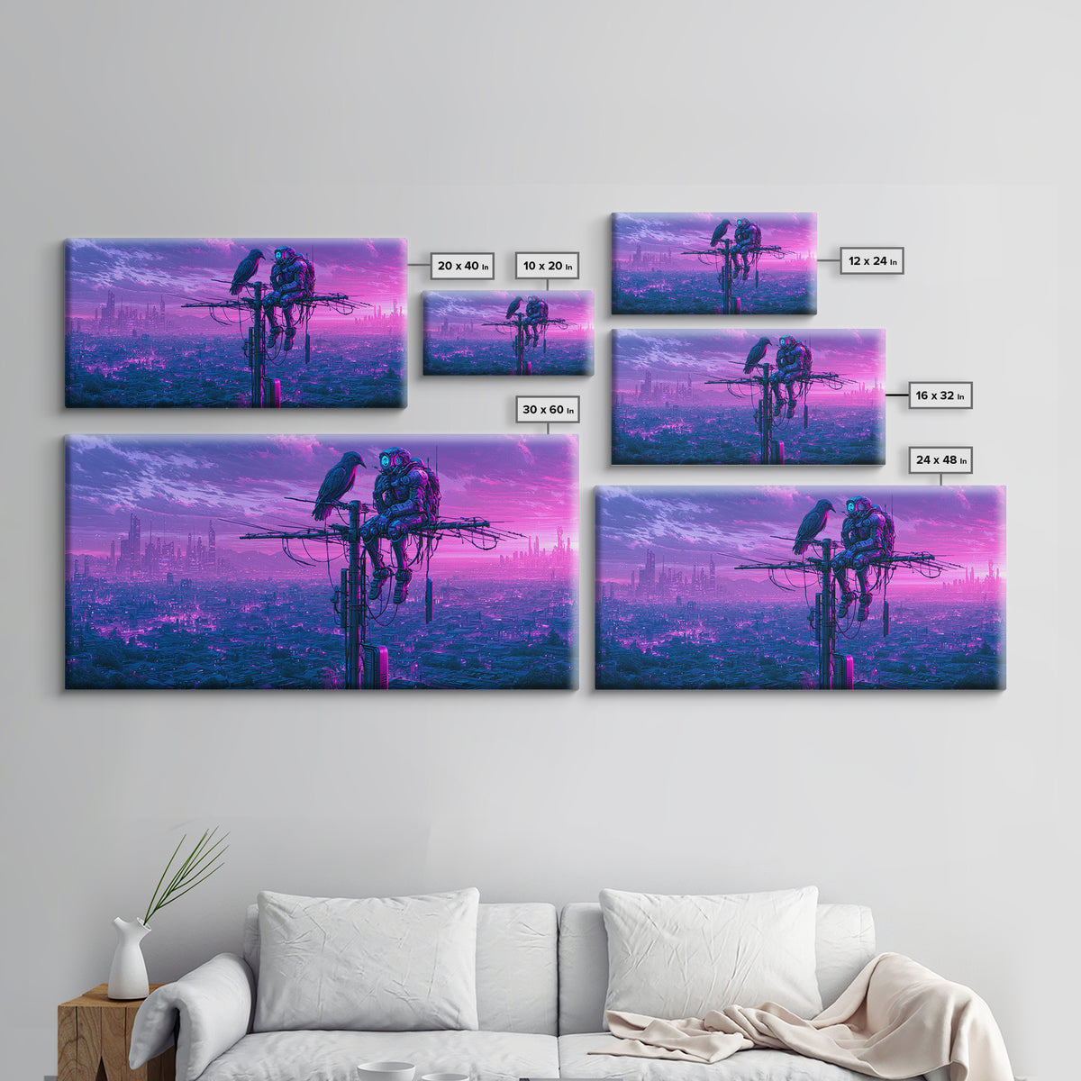 Robot Bird Perched on Antenna Framed Canvas Print, Scifi Art, Gallery Decor, Living Room Decor, Fine Art, Orbit, Wall Art, SCI-2x1-67
