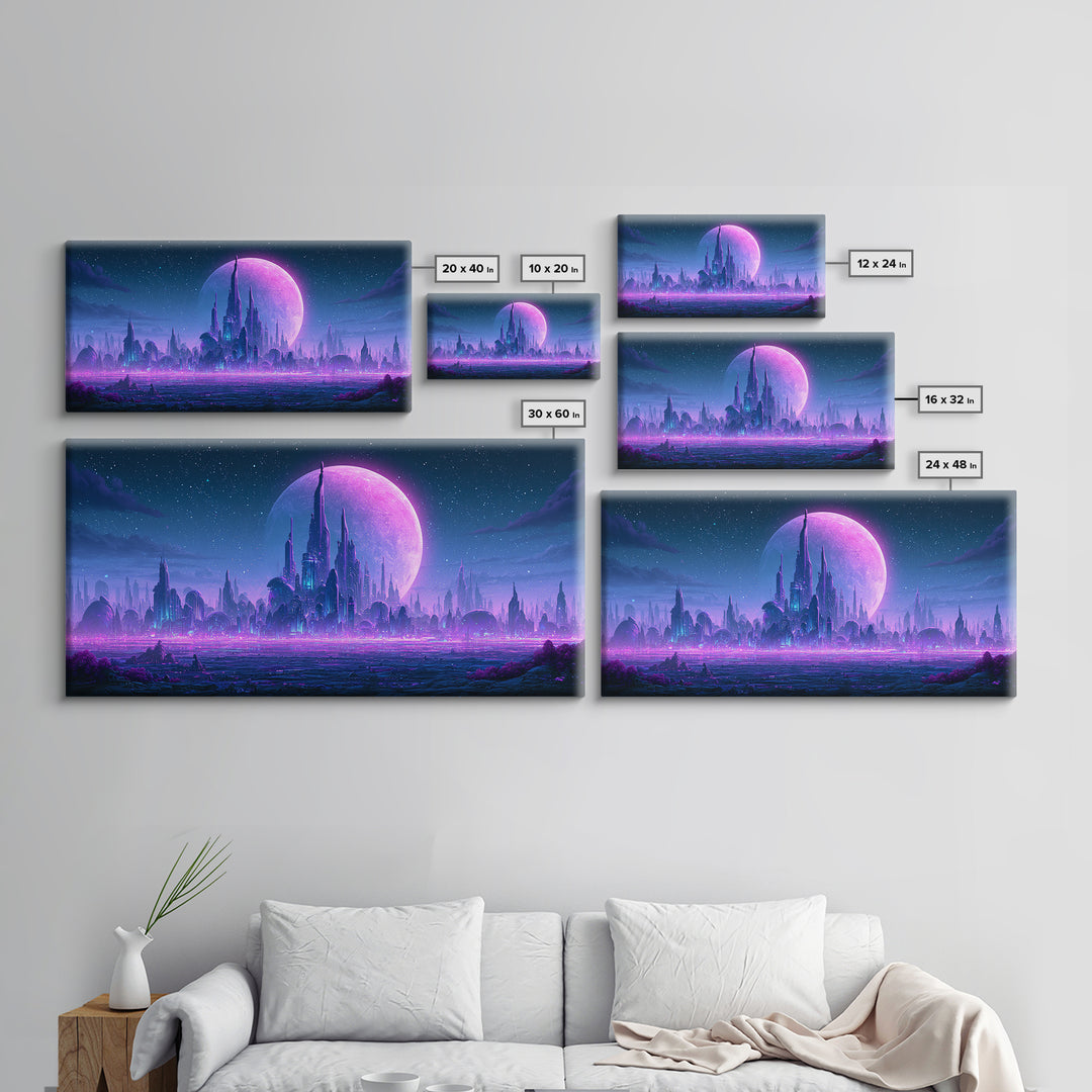Futuristic City on a Moonlit World Canvas Print, Scifi Art, Weird Art, Living Room Decor, Abstract Art, Orbit, Art Print, SCI-2x1-71