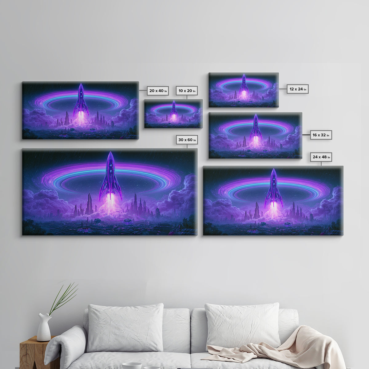 Retro Rocket Launching Through Cloud Rings Framed Canvas Print, Scifi Art, Art Print, Living Room Decor, Fine Art, Orbit, SCI-2x1-75