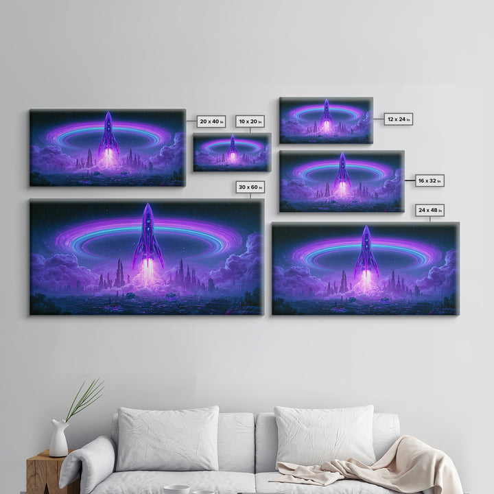 Retro Rocket Launching Through Cloud Rings Framed Canvas Print, Scifi Art, Art Print, Living Room Decor, Fine Art, Orbit, SCI-2x1-75