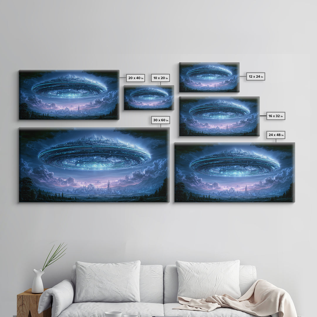 Giant Ring World Seen from a Valley Canvas Print, Scifi Art, Modern Art, Living Room Decor, Fine Art, Orbit, Retro Futurism Art, SCI-2x1-76