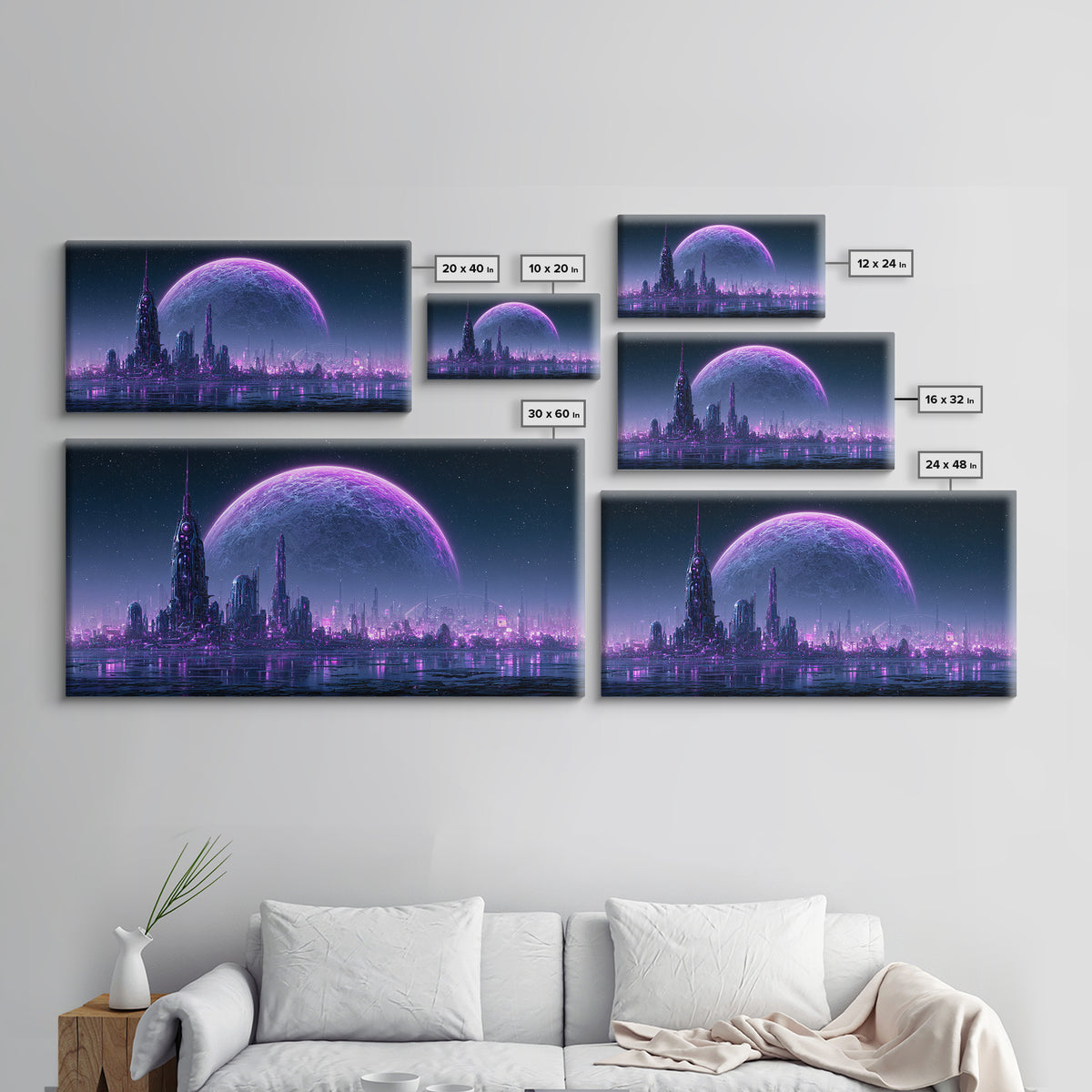 Moon Colony Beneath Earth Rise Framed Canvas Print, Scifi Art, Posters, Living Room Decor, Orbit, Pop Art, Mid Century Art, SCI-2x1-86