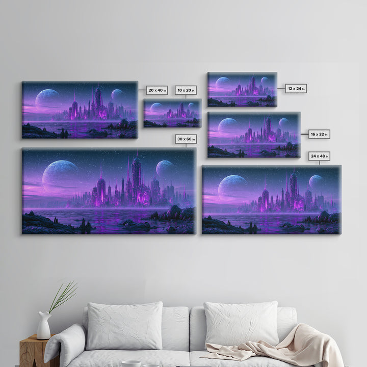 Alien Ocean with Two Moons Framed Canvas Print, Scifi Art, Art, Living Room Decor, Fine Art, Orbit, Modern Art, Living Room Art, SCI-2x1-9