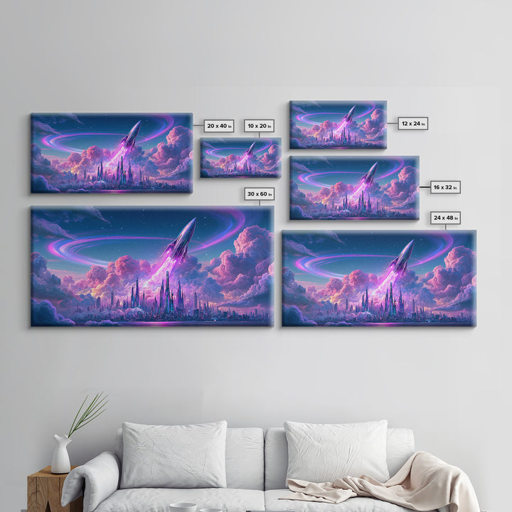 Retro Rocket Launching Through Cloud Rings Framed Canvas Print, Scifi Art, Pop Art, Living Room Decor, Fine Art, Orbit, SCI-2x1-99