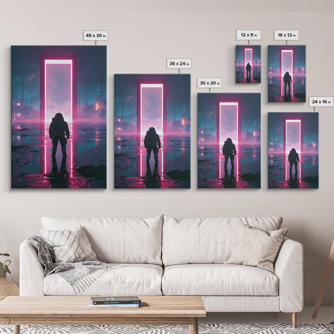 Astronaut Standing Before a Glowing Monolith Canvas Print, Scifi Art, Minimalist Decor, Living Room Decor, Fine Art, Orbit, SCI-2x3-10