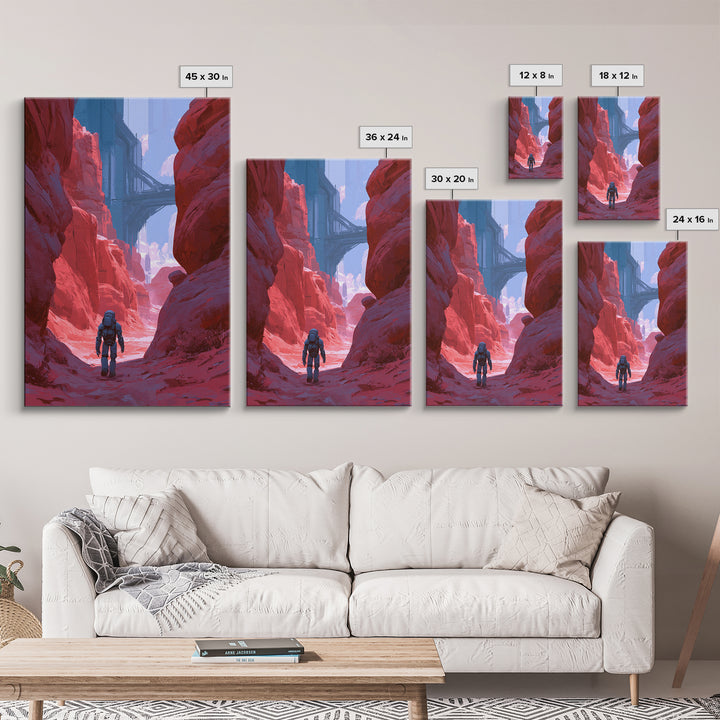 Robot Companion Crossing a Red Canyon Framed Canvas Print, Scifi Art, Decor, Living Room Decor, Orbit, Mid Century Art, SCI-2x3-12