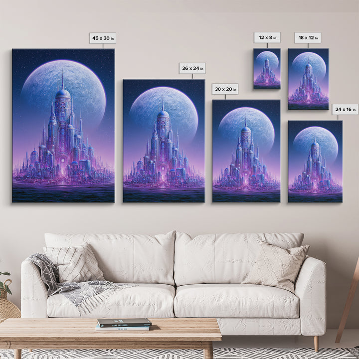 Moon Colony Beneath Earth Rise Framed Canvas Print, Scifi Art, Textured Painting, Living Room Decor, Abstract Art, Orbit, SCI-2x3-2