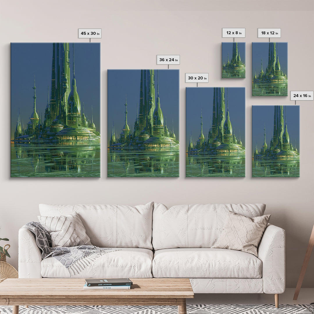 Terraforming Towers on a Silent Planet Framed Canvas Print, Scifi Art, Retro Wall Art, Living Room Decor, Oil Painting, Orbit, SCI-2x3-20
