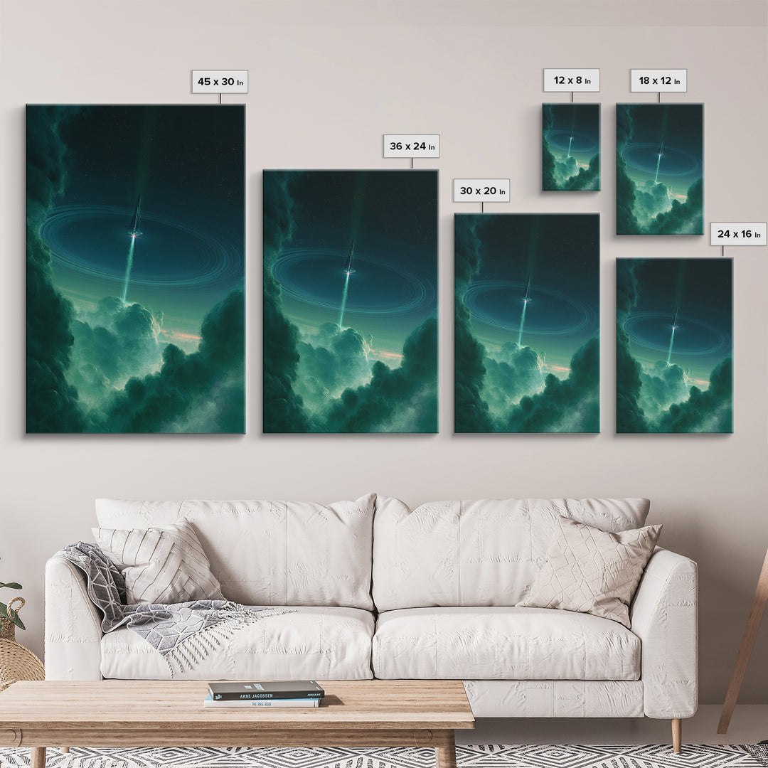 Retro Rocket Launching Through Cloud Rings Canvas Print, Scifi Art, Canvas Wall Art, Living Room Decor, Fine Art, Orbit, SCI-2x3-39