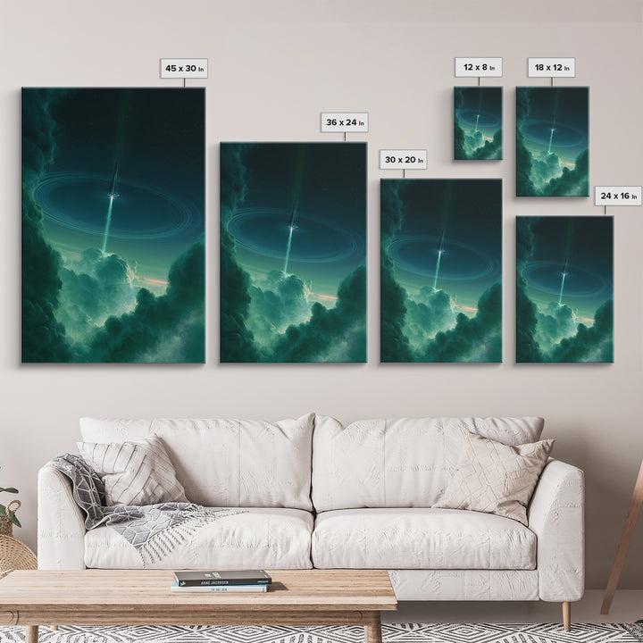 Retro Rocket Launching Through Cloud Rings Canvas Print, Scifi Art, Canvas Wall Art, Living Room Decor, Fine Art, Orbit, SCI-2x3-39