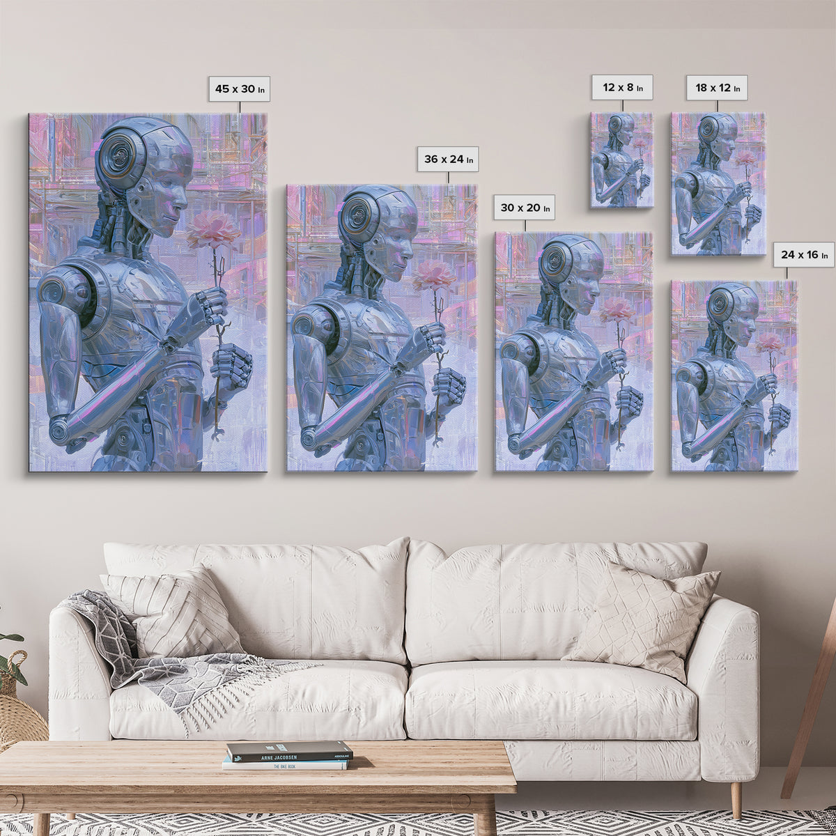 Silver Android Holding a Flower Framed Canvas Print, Scifi Art, Poster, Living Room Decor, Fine Art, Orbit, Retro Wall Art, SCI-2x3-46