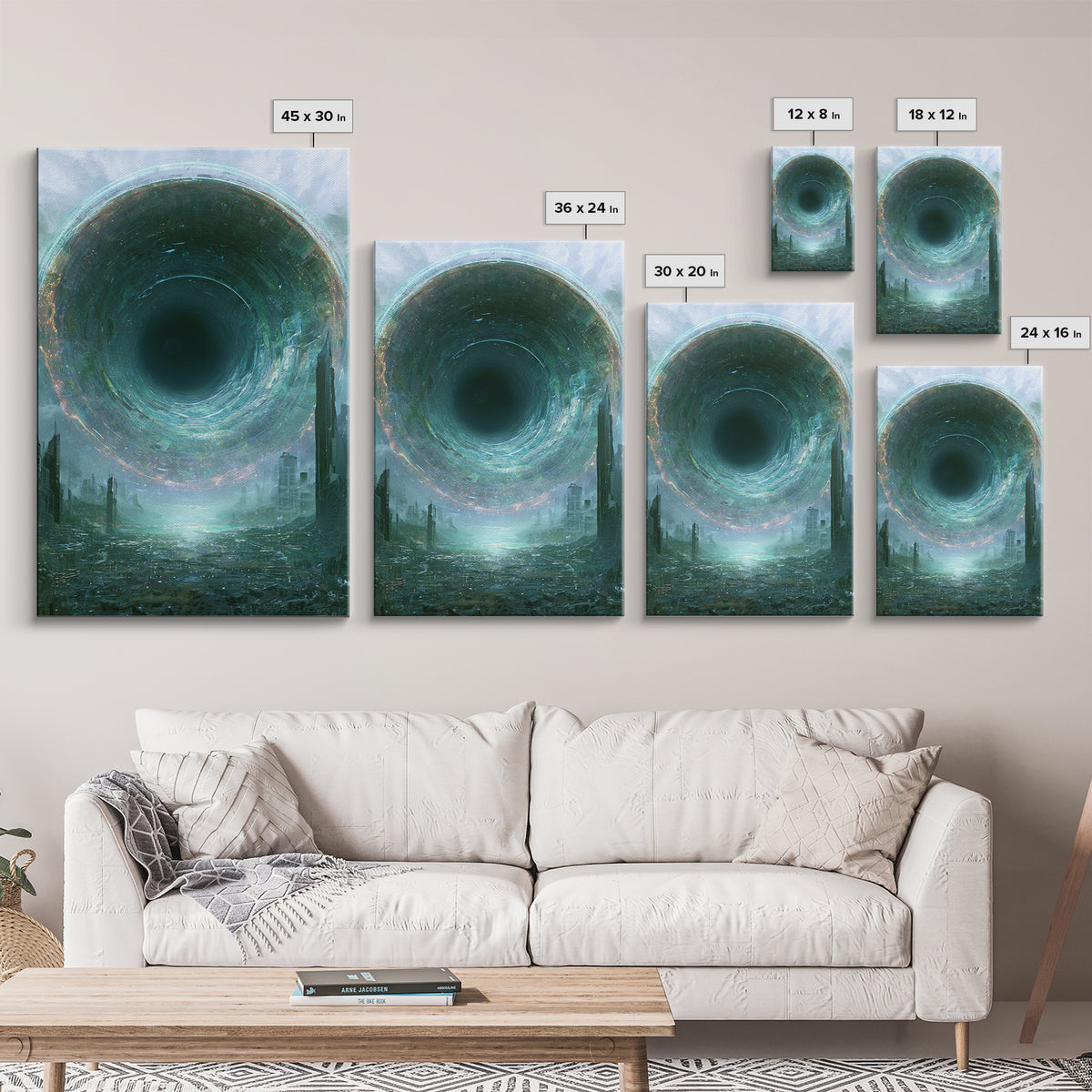 Wormhole Opening over Barren Landscape Framed Canvas Print, Scifi Art, Mid Century Art, Living Room Decor, Fine Art, Orbit, SCI-2x3-73