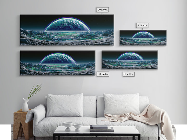 Moon Colony Beneath Earth Rise Framed Canvas Print, Scifi Art, Posters, Living Room Decor, Orbit, Pop Art, Mid Century Art, SCI-3x1-10