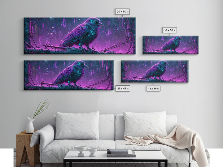 Robot Bird Perched on Antenna Framed Canvas Print, Scifi Art, Gallery Decor, Living Room Decor, Fine Art, Orbit, Wall Art, SCI-3x1-15