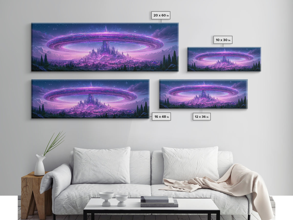 Giant Ring World Seen from a Valley Canvas Print, Scifi Art, Game Room Decor, Living Room Decor, Fine Art, Orbit, SCI-3x1-24