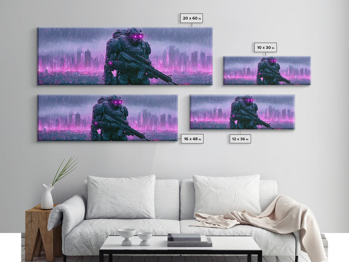 Mech Silhouette in Rainy Neon City Canvas Print, Scifi Art, Textured Painting, Living Room Decor, Abstract Art, Orbit, SCI-3x1-31