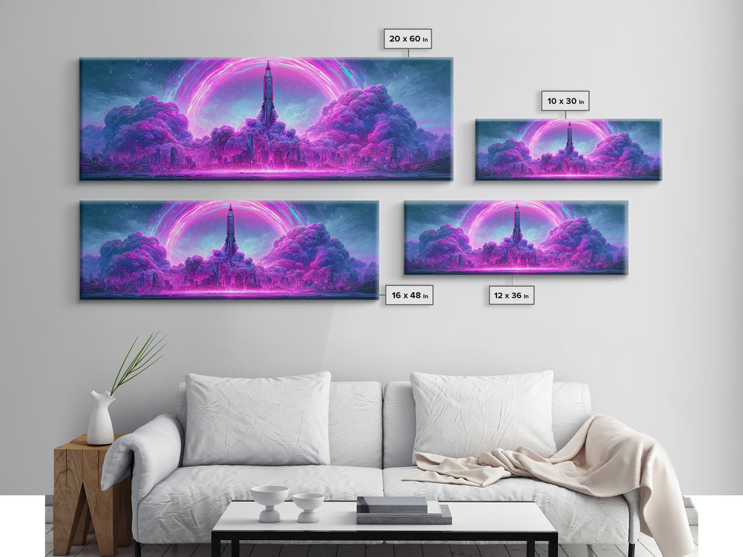 Retro Rocket Launching Through Cloud Rings Framed Canvas Print, Scifi Art, Decor, Living Room Decor, Oil Painting, Orbit, SCI-3x1-47