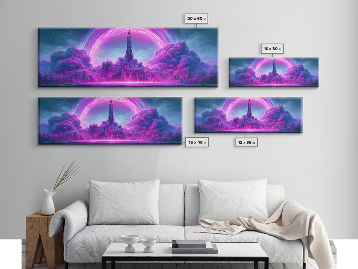 Retro Rocket Launching Through Cloud Rings Framed Canvas Print, Scifi Art, Decor, Living Room Decor, Oil Painting, Orbit, SCI-3x1-47