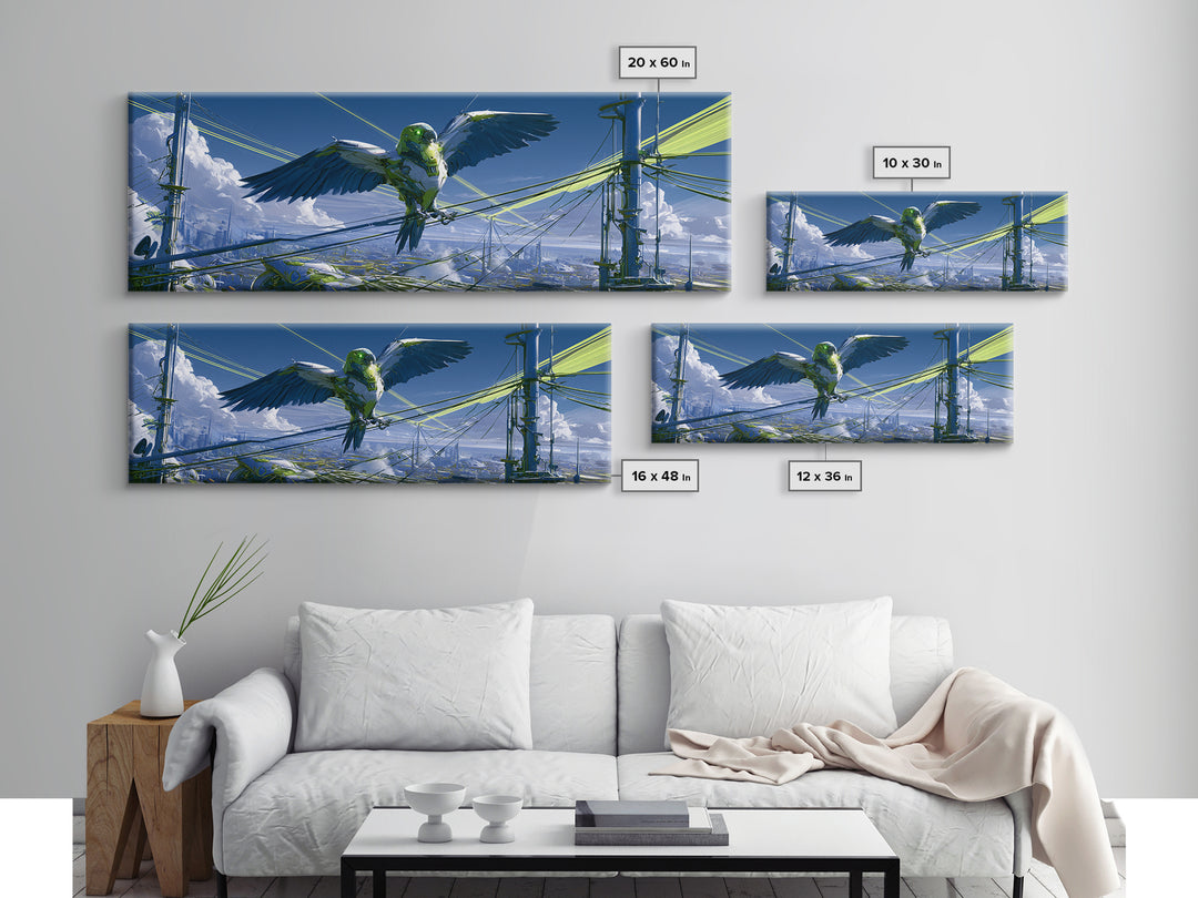 Robot Bird Perched on Antenna Framed Canvas Print, Scifi Art, Minimalist Decor, Living Room Decor, Fine Art, Orbit, Ai Art, SCI-3x1-63