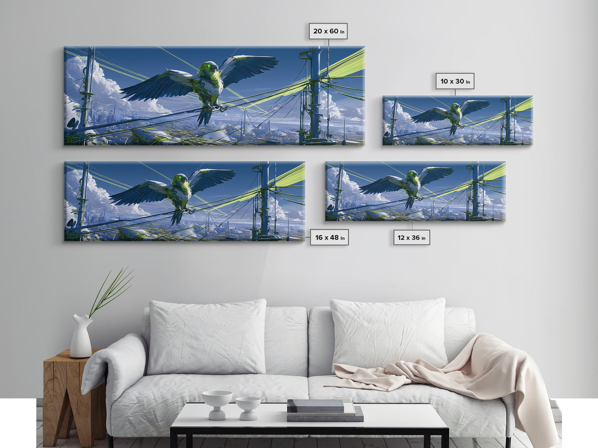 Robot Bird Perched on Antenna Framed Canvas Print, Scifi Art, Minimalist Decor, Living Room Decor, Fine Art, Orbit, Ai Art, SCI-3x1-63