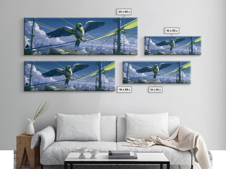 Robot Bird Perched on Antenna Framed Canvas Print, Scifi Art, Minimalist Decor, Living Room Decor, Fine Art, Orbit, Ai Art, SCI-3x1-63