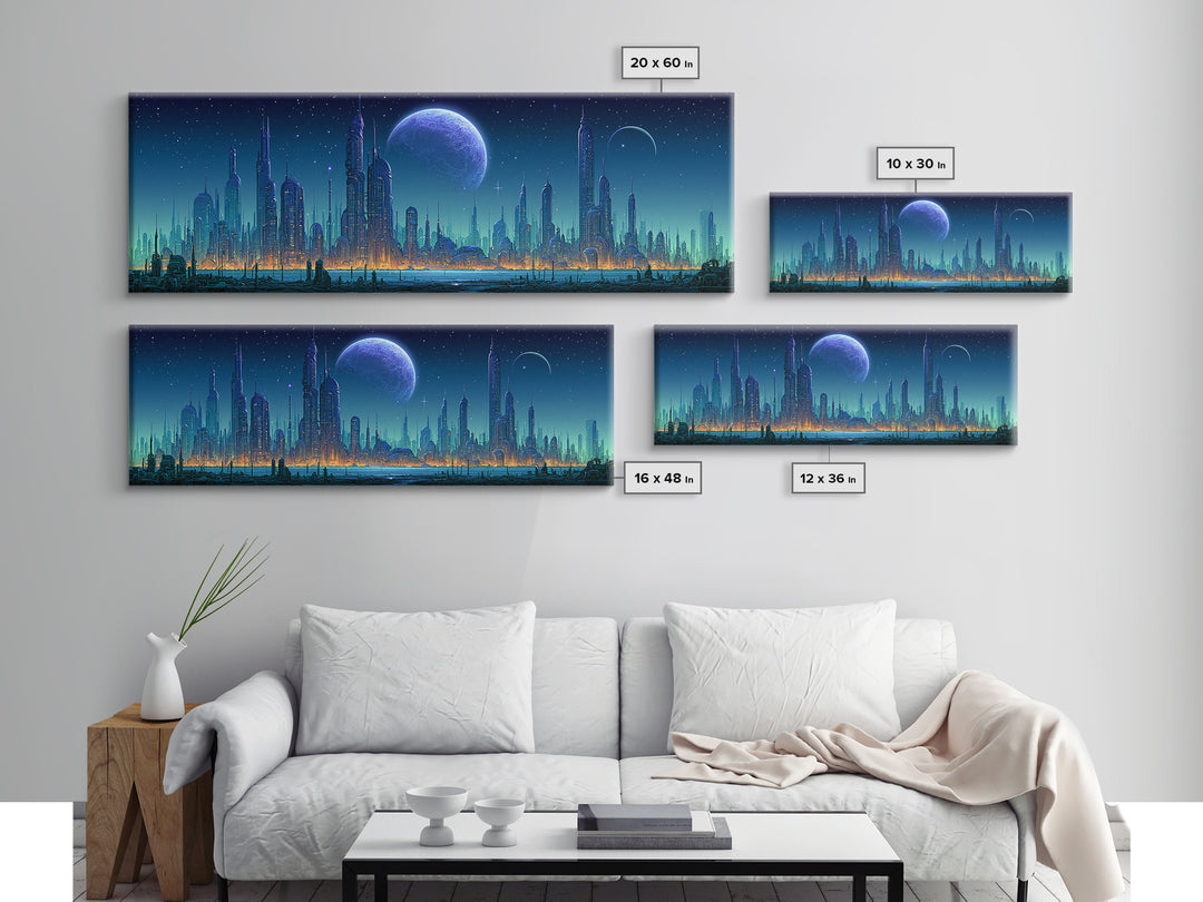 Futuristic City on a Moonlit World Framed Canvas Print, Scifi Art, Ai Art, Living Room Decor, Abstract Art, Orbit, SCI-3x1-67