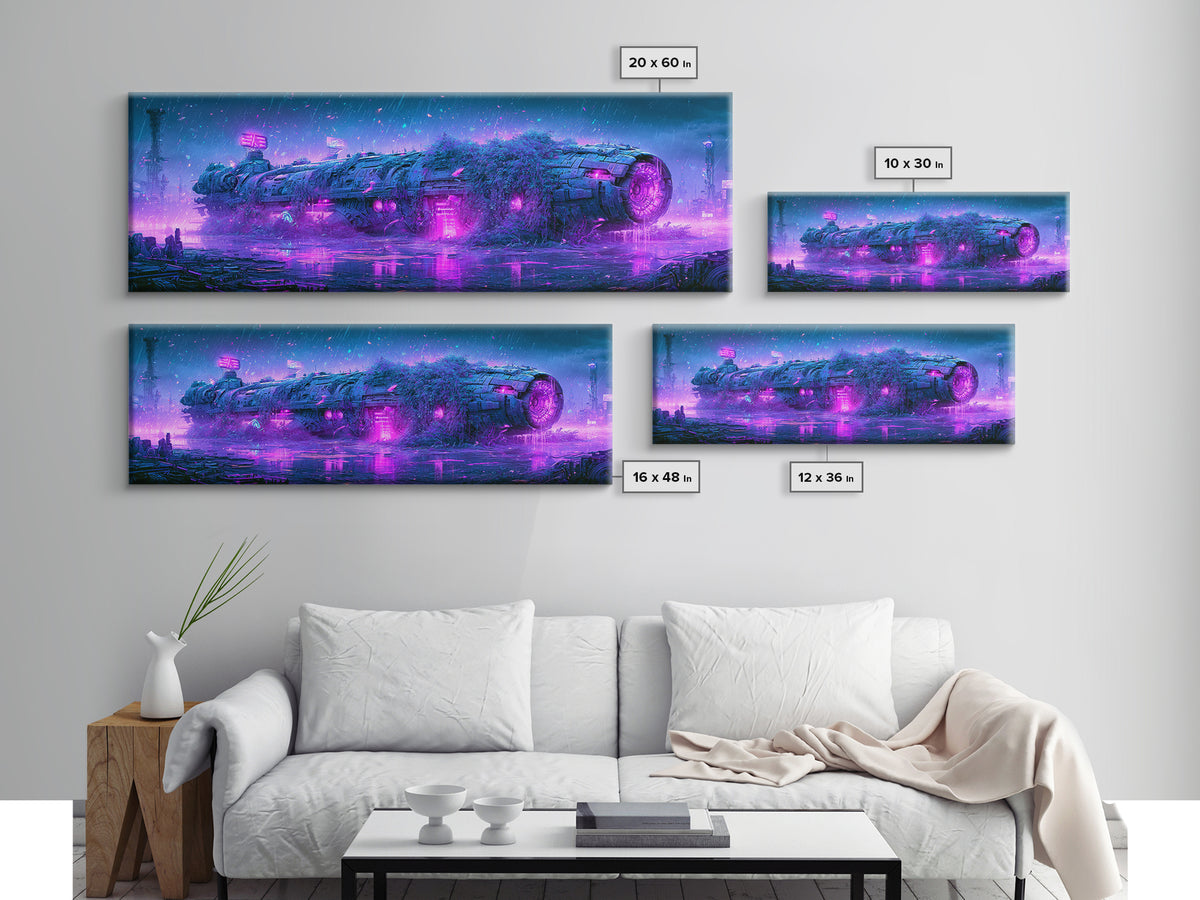 Abandoned Spacecraft Overgrown Framed Canvas Print, Scifi Art, Collage Art, Living Room Decor, Oil Painting, Orbit, SCI-3x1-74