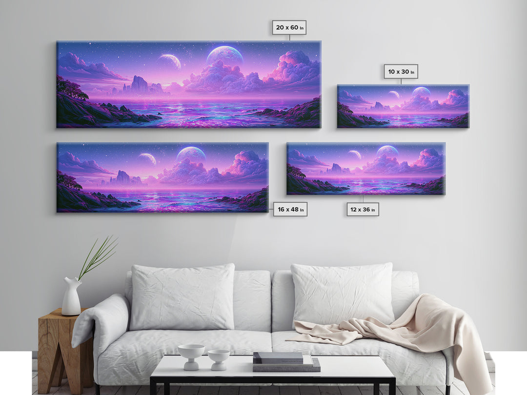 Alien Ocean with Two Moons Framed Canvas Print, Scifi Art, Fantasy Art, Living Room Decor, Oil Painting, Orbit, SCI-3x1-77
