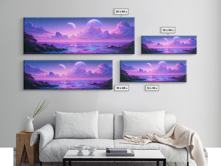 Alien Ocean with Two Moons Framed Canvas Print, Scifi Art, Fantasy Art, Living Room Decor, Oil Painting, Orbit, SCI-3x1-77