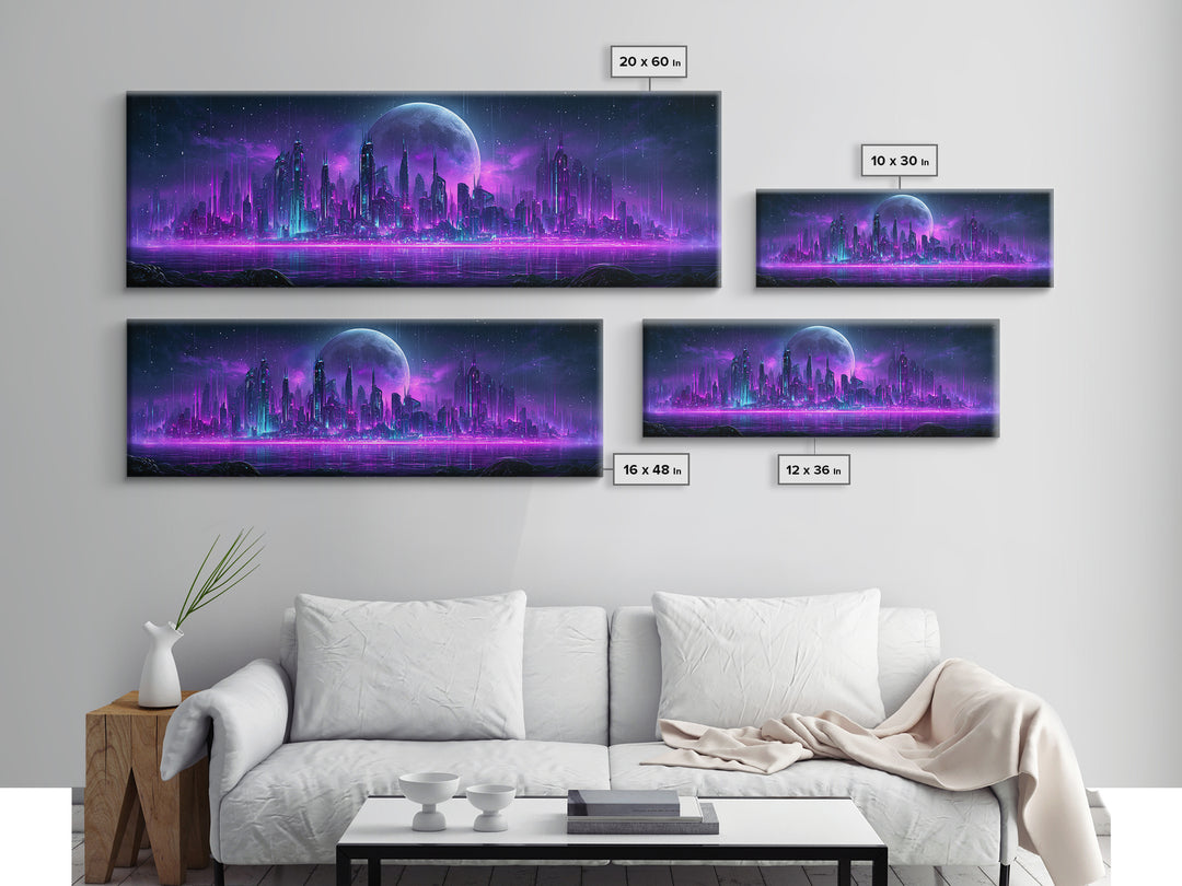 Futuristic City on a Moonlit World Canvas Print, Scifi Art, Posters, Living Room Decor, Orbit, Pop Art, Mid Century Art, SCI-3x1-91