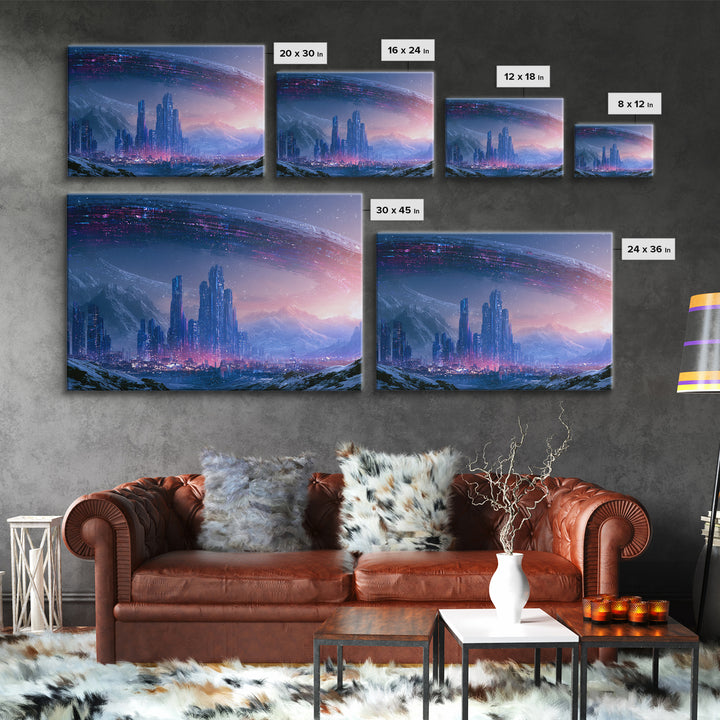 Giant Ring World Seen from a Valley Canvas Print, Scifi Art, Contemporary Art, Living Room Decor, Oil Painting, Orbit, SCI-3x2-12