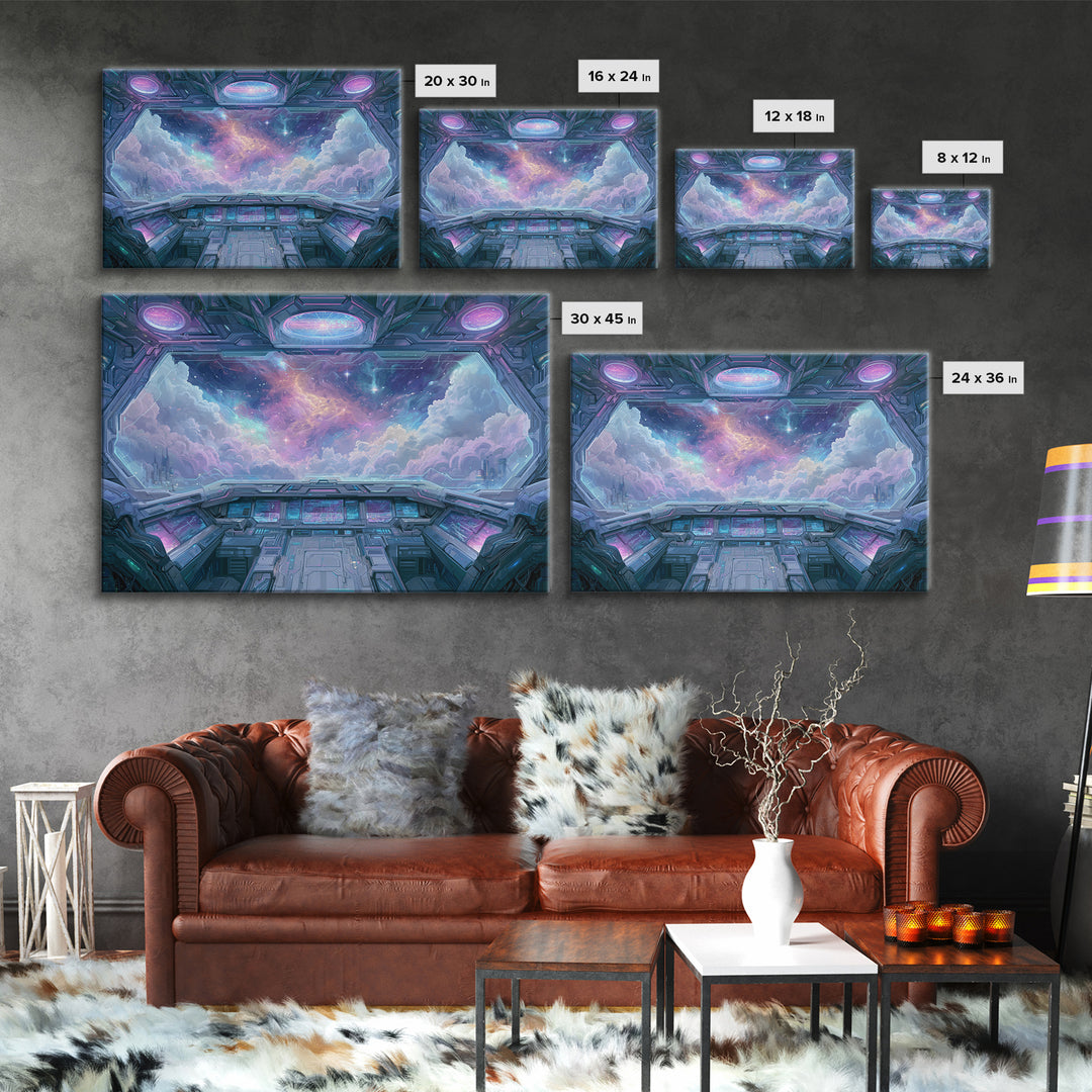 Starship Cockpit View of Nebula Clouds Framed Canvas Print, Scifi Art, Mid Century Art, Living Room Decor, Fine Art, Orbit, SCI-3x2-15