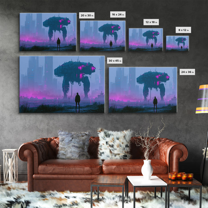 Mech Silhouette in Rainy Neon City Framed Canvas Print, Scifi Art, Statement Artwork, Living Room Decor, Fine Art, Orbit, SCI-3x2-19