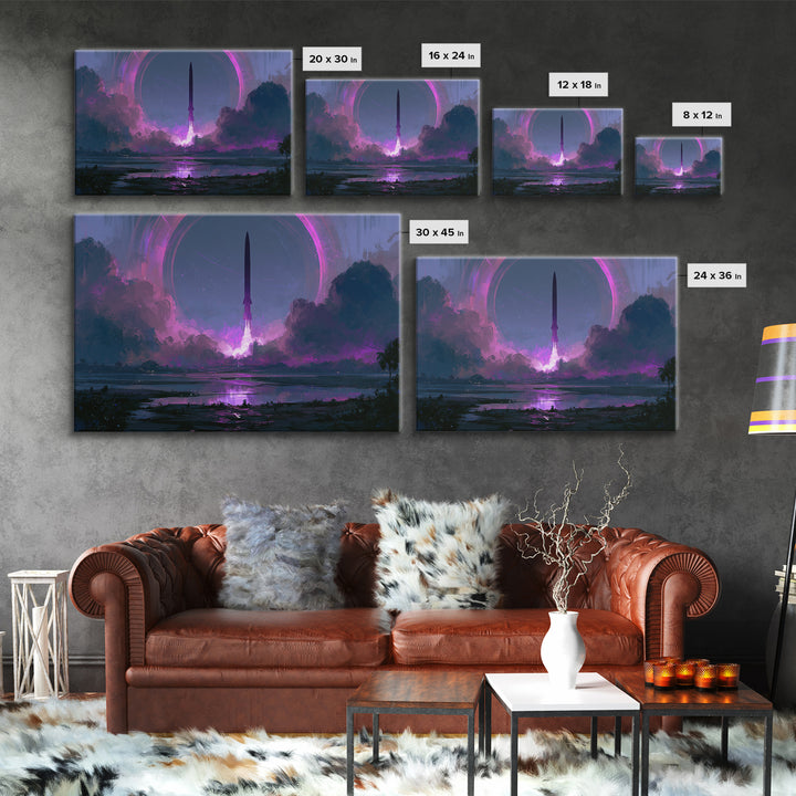 Retro Rocket Launching Through Cloud Rings Framed Canvas Print, Scifi Art, Art Print, Living Room Decor, Fine Art, Orbit, SCI-3x2-35