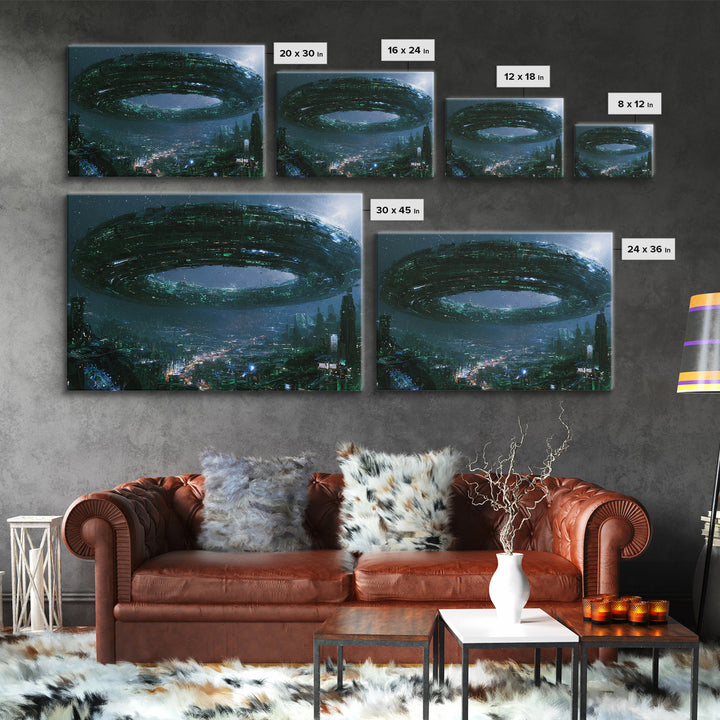 Giant Ring World Seen from a Valley Framed Canvas Print, Scifi Art, Game Room Decor, Living Room Decor, Fine Art, Orbit, SCI-3x2-36
