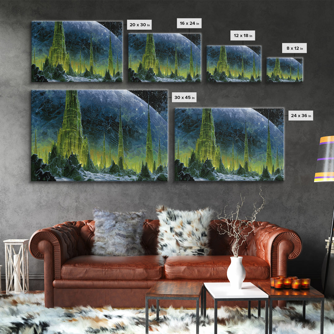 Terraforming Towers on a Silent Planet Framed Canvas Print, Scifi Art, Living Room Decor, Abstract Art, Orbit, SCI-3x2-64