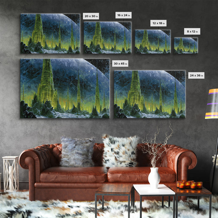 Terraforming Towers on a Silent Planet Framed Canvas Print, Scifi Art, Living Room Decor, Abstract Art, Orbit, SCI-3x2-64