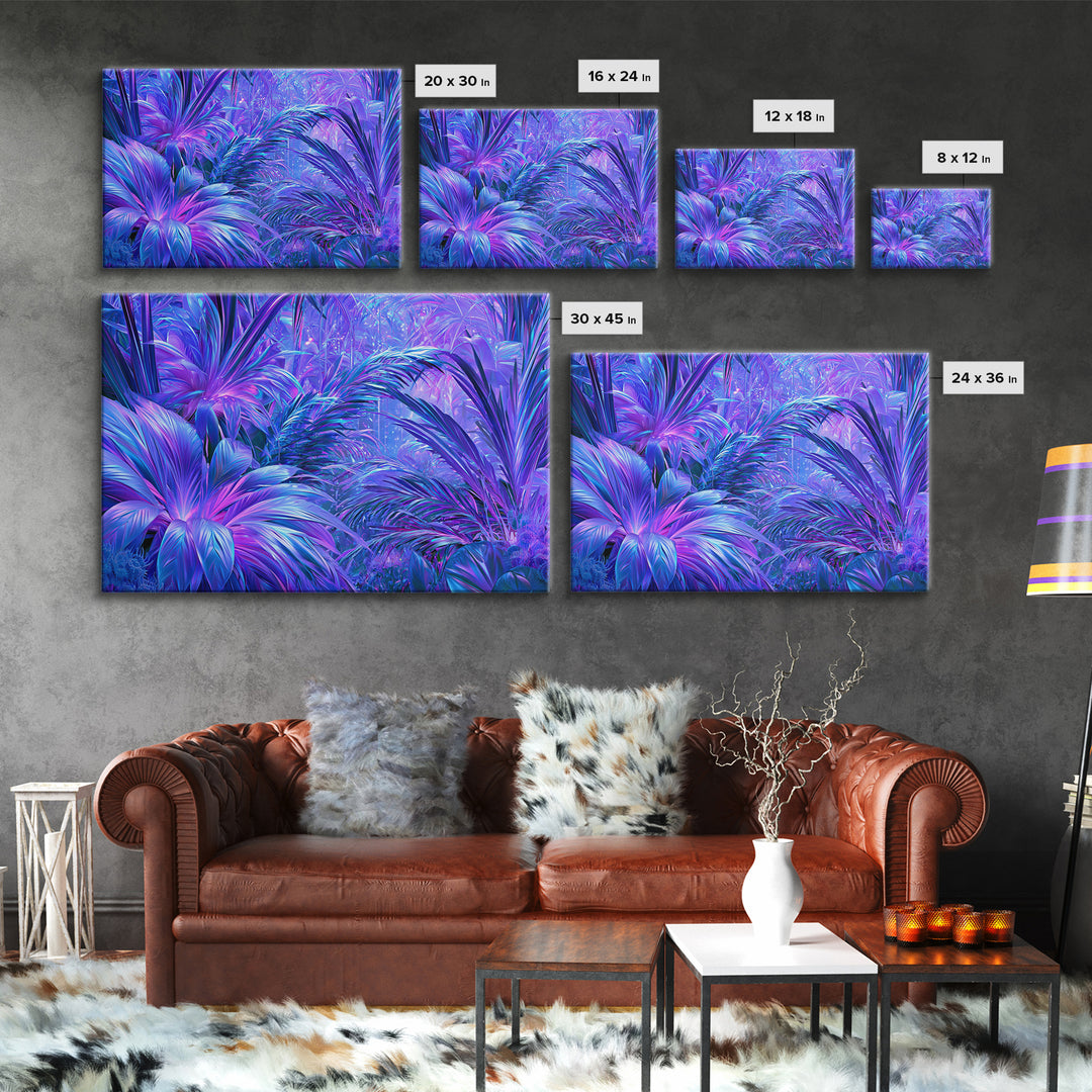 Alien Jungle with Bioluminescent Plants Framed Canvas Print, Scifi Art, Contemporary Art, Living Room Decor, Fine Art, Orbit, SCI-3x2-9