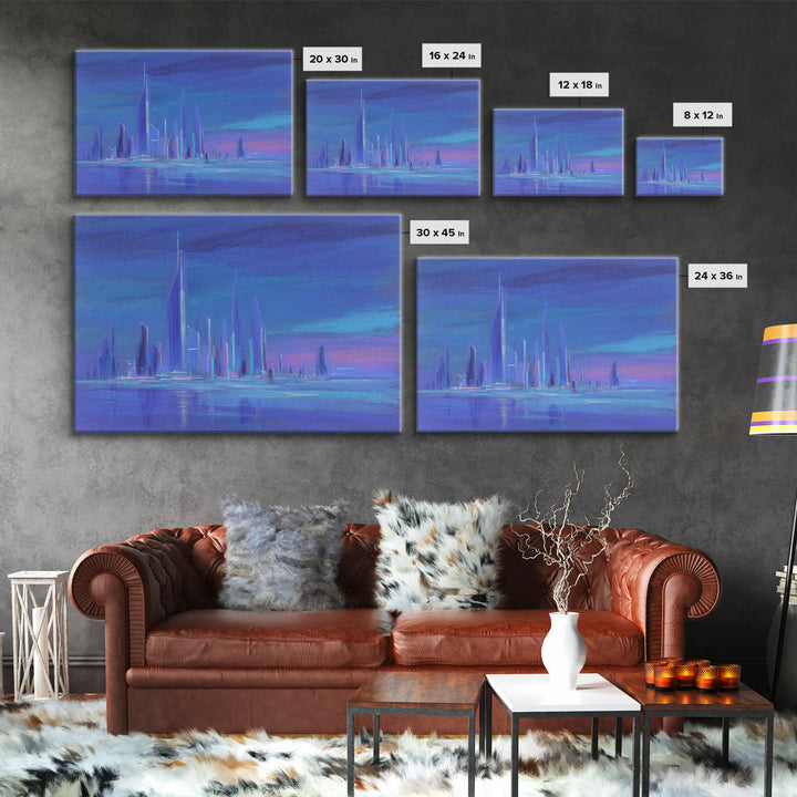 Mech Silhouette in Rainy Neon City Framed Canvas Print, Scifi Art, Retro Wall Art, Living Room Decor, Oil Painting, Orbit, SCI-3x2-91
