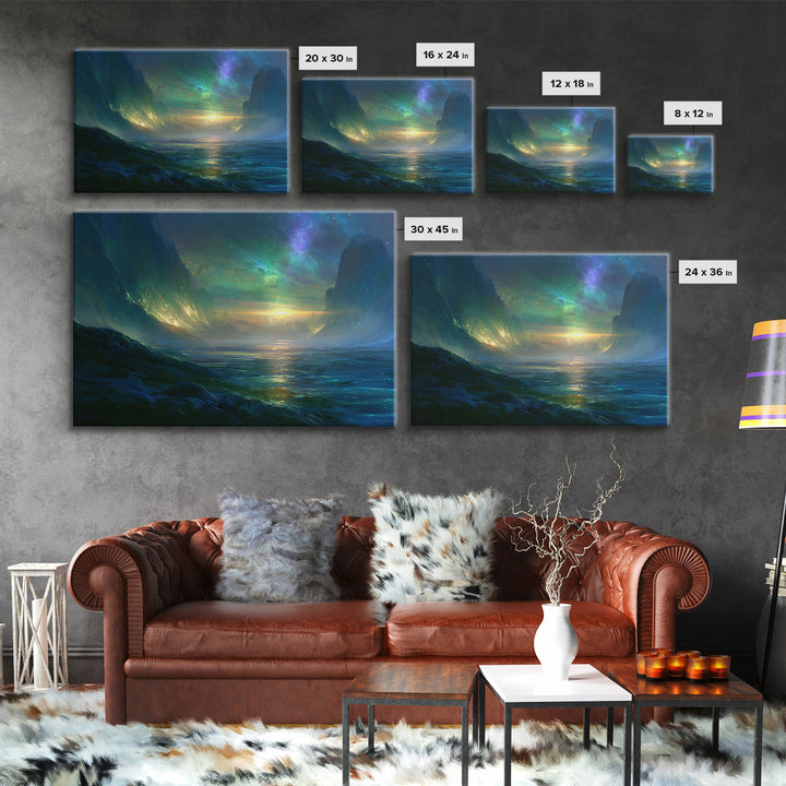 Planetary Sunrise over Ice Cliffs Canvas Print, Scifi Art, Fantasy Art, Living Room Decor, Fine Art, Orbit, Textured Painting, SCI-3x2-98
