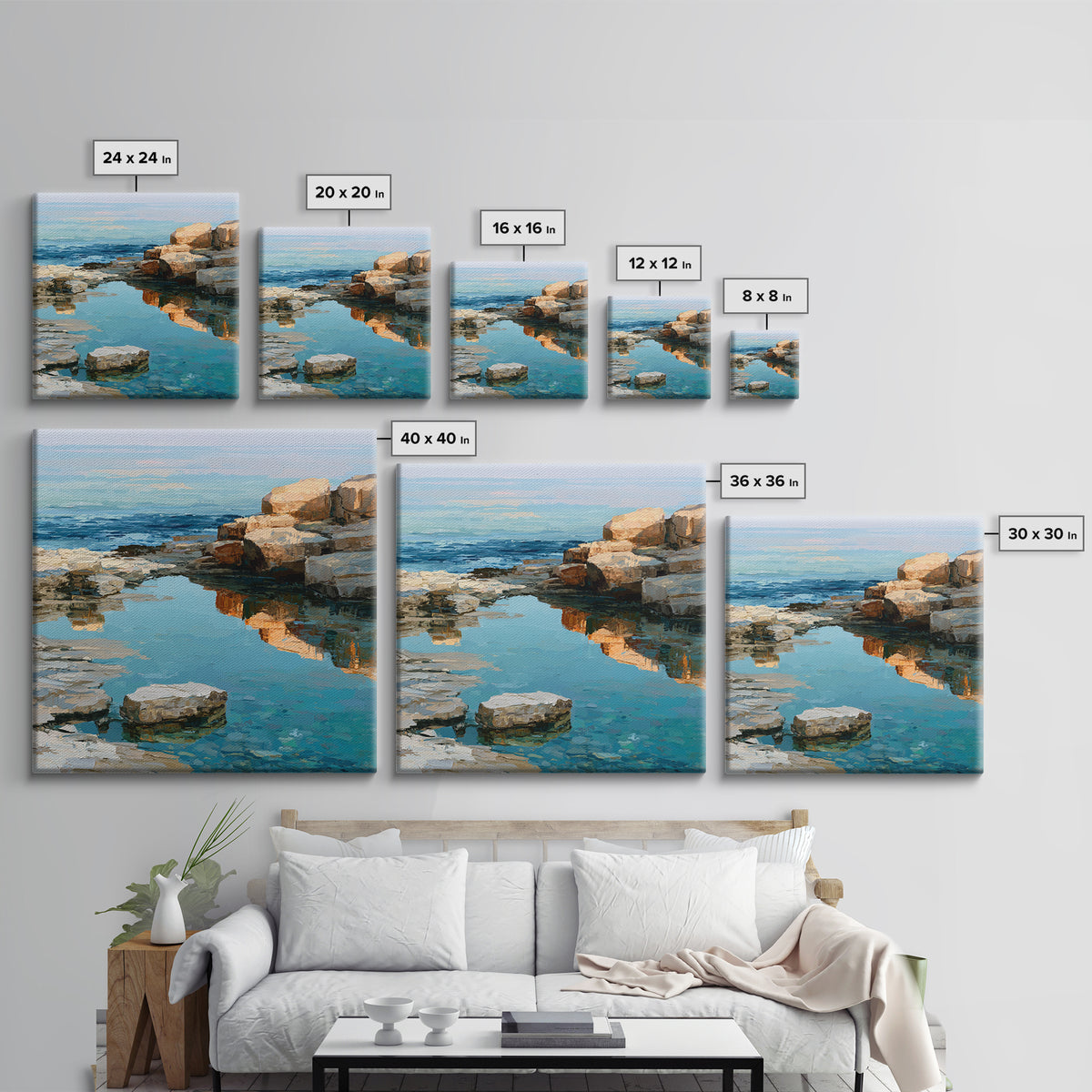 Rocky Tidepool with Reflections Framed Canvas Print, Seascape Art, Canvas Wall Art, Coastal Decor, Fine Art, Seascape, SEA-1x1-11